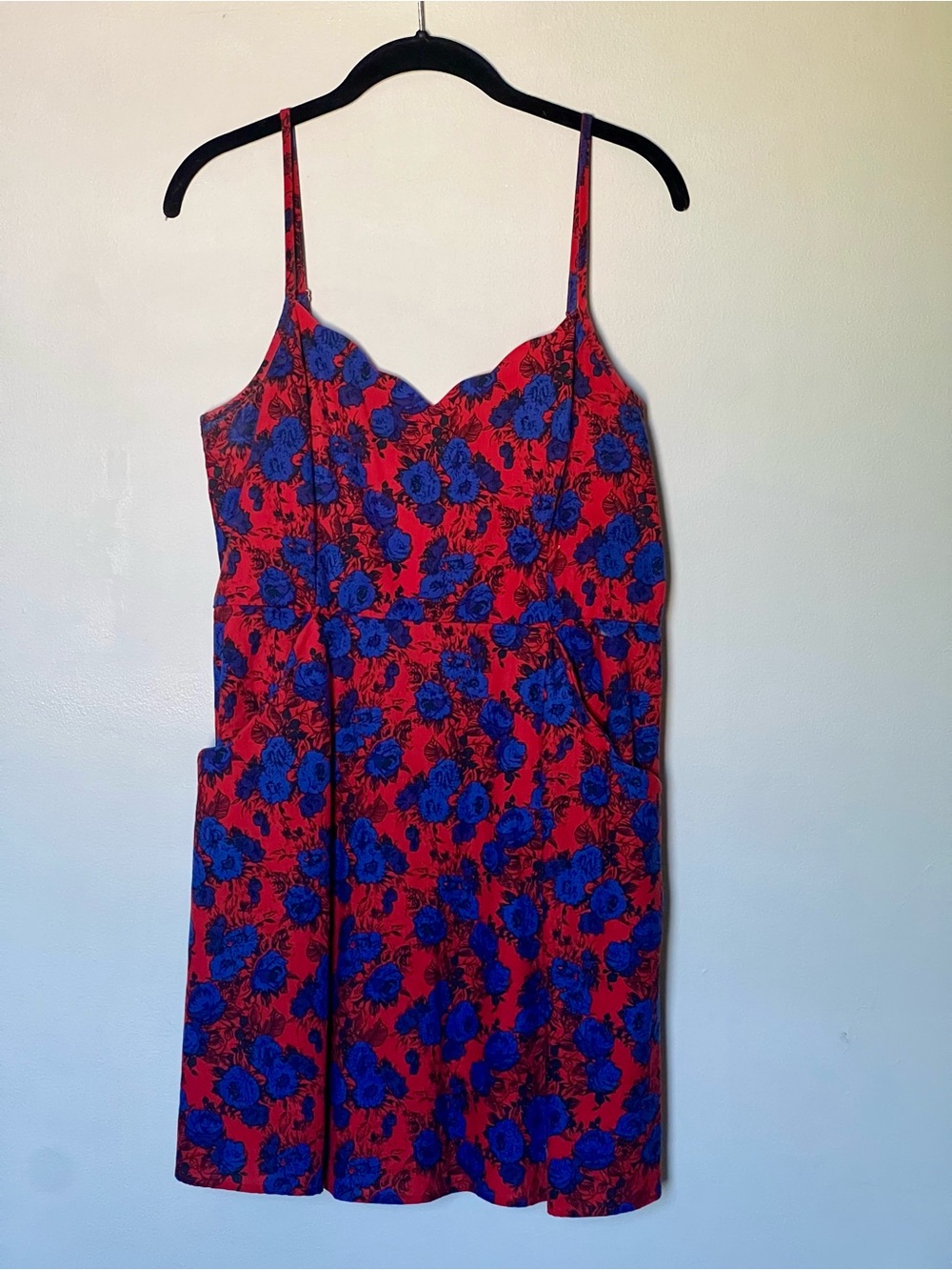 Red & Blue Floral Spaghetti Strap Dress Linen and Cotton Blend with Pockets